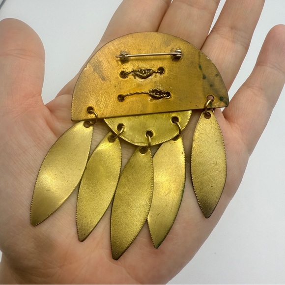 Vintage Modernist Brass & Patina Dangle Brooch – Geometric Statement Pin - Picture 3 of 7